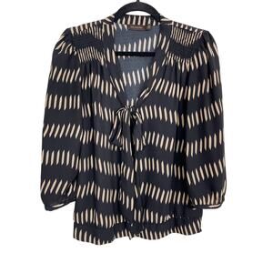 The Limited M Black Cream Striped Hash Printed Tie Neck Blouse Top 3/4 Sleeve